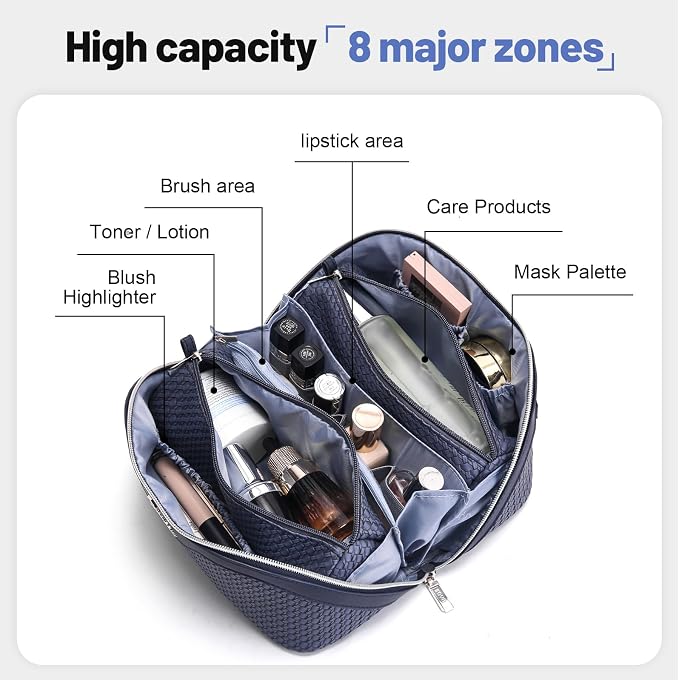 BOYATU Travel Makeup Bags for Women: Large Capacity Make up Bag with Wide Opening - 3 Pcs Set Waterproof Travel Toiletry Organizer for Full-Sized Bottles, Cosmetics & Brushes (Blue-W) - Image 3
