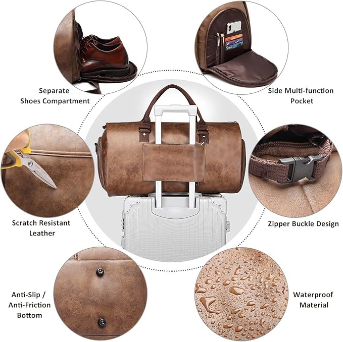 BOLOSTA Carry on Garment Bags for Travel Leather Garment Duffle Bag Convertible Mens Suit Travel Bags with Shoe Compartment,Waterproof,Perfect for Business Travel/Husband Gifts (Brown) - Image 4