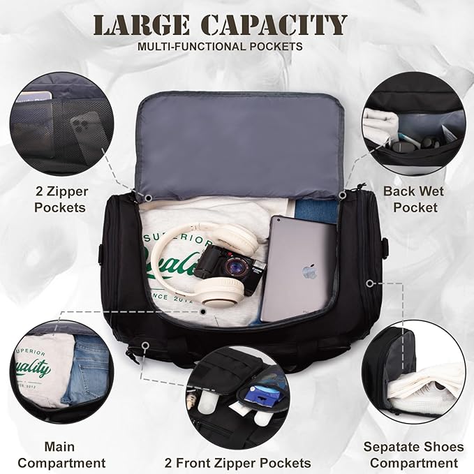 Tactical Duffle Bag For Travel Expandable 52L Large Duffle Bag For Men Gym Duffel With Wet Pocket Multi-Functional Carry On Bags Weekender Overnight Bag Organizer Duffel Bag For Travel - Image 3