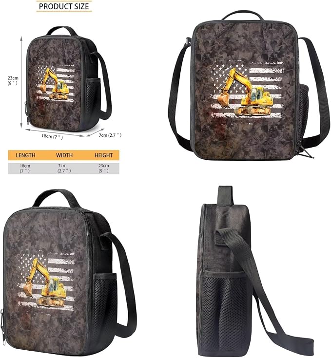 Excavator American Flag Print Schoolbag Set for Boys and Girls Back to School Supplies, Kids Backpack Set with Reusable Lunch Box Pen Bag, Durable Lightweight Daypack Set, Gray - Image 6