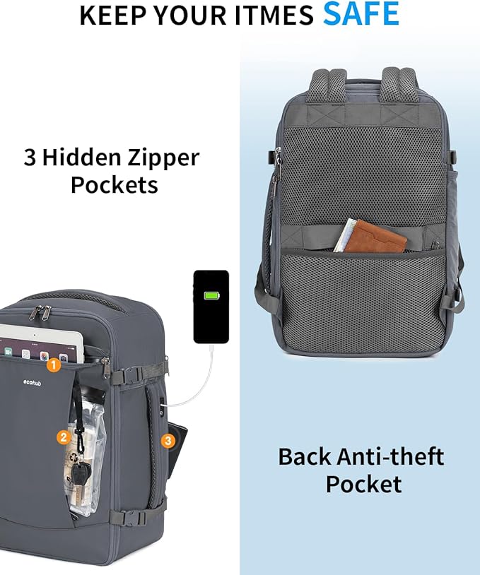 ECOHUB Travel Backpack for Men Women, Carry on Backpack with USB Charging Hole, Spirit Airlines Personal Item Bag Flight Approved, 15.6 Inch Laptop Backpack with Anti Theft Pockets, 30L, Grey - Image 4