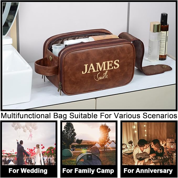 Personalized Leather Toiletry Bag, Brown, Three Layer Structure, Waterproof, Customizable Name Engraving, Travel Organizer for Men, Multi-Occasion Gift (TSN190526) - Image 4