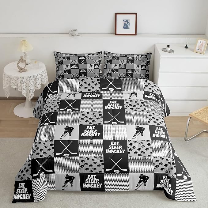 Ice Hockey Comforter Sets for Boys girls Twin Black White Grey Winter Sports Games Down Comforter Kids Teen Room Decor,Player Bedding Set Geometric Checkered Stripes Quilt Duvet 1 Pillow Case - Image 2