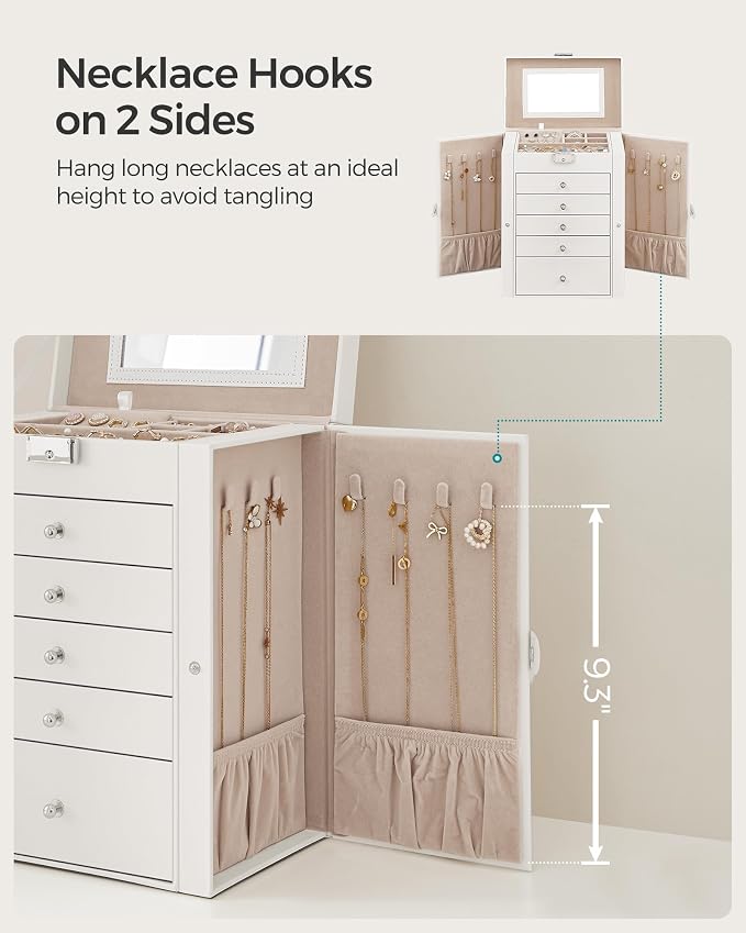 SONGMICS Jewelry Box Organizer, 6-Layer with 5 Drawers, White | Jewelry Storage Case with Lock and Mirror, Large Storage Capacity, for Necklaces, Watches, Gift for Loved Ones UJBC152W01 - Image 4