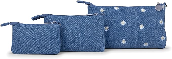 JuJuBe 3-Piece Pouch Set Diaper Bag Organizing Pouches, Perfect for Travel, On The Go, Zipper Cosmetic Makeup Bag or Diaper and Wipes Storage Pouch, Large, Medium, & Small, Denim & Daisies (Blue) - Image 3