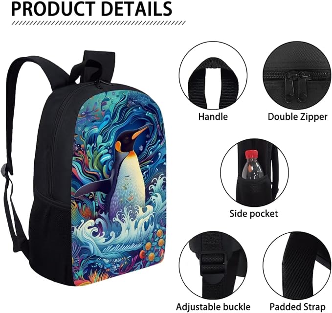 17 Inch Animal Print School Backpack And Lunch Box Set for Kids Lightweight Undersea Penguin Backpack for Boys Girls Sturdy School Bag with Insulated Lunchbox Pencil Case Student Bookbag - Image 4
