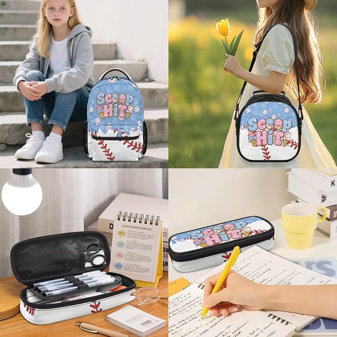 Ice Cream Baseball Backpack for Kids Girls 4th 5th 6th Grade, 4-Piece School Bag with Lunch Box, Pencil Case & Dinosaur Charm Sweet Sporty Bookbag, Scoop Hit - Image 2