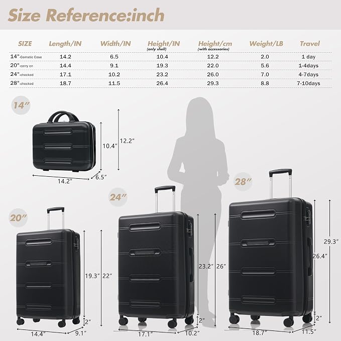 Merax Luggage Set,6 Piece Suitcase with Bags,Lightweight Carry on Luggage | 14/20 IN Airplane Approved,24/28IN Hardside Suitcase with Double Spinner Wheels Handle Password Lock,Black - Image 7