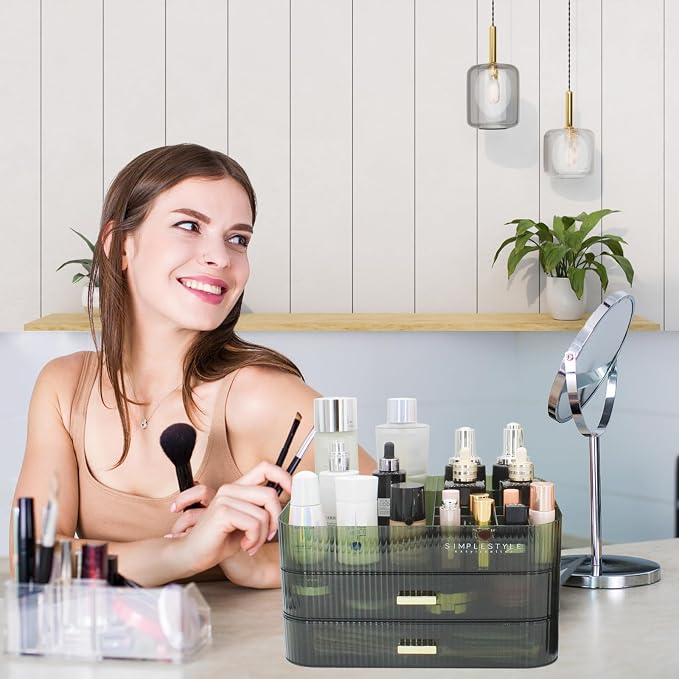 Makeup Organizer with 2 Drawers, Cosmetics Organizer for Bedroom and Bathroom Vanity Countertops, Large Capacity Cosmetic Storage Box for Skincare Cream Perfume Lipstick Dresser Counter-Green - Image 6