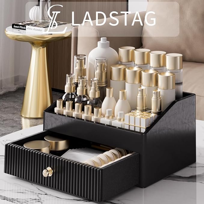 LADSTAG Vanity Organizer,Leather Skin Organizers with 1 Drawer&Tray,Large Capacity Black Vanity Organizers and Storage for Lipstick,Bedroom,Bathroom,Mothers Day Gifts,Gift for Women - Image 2