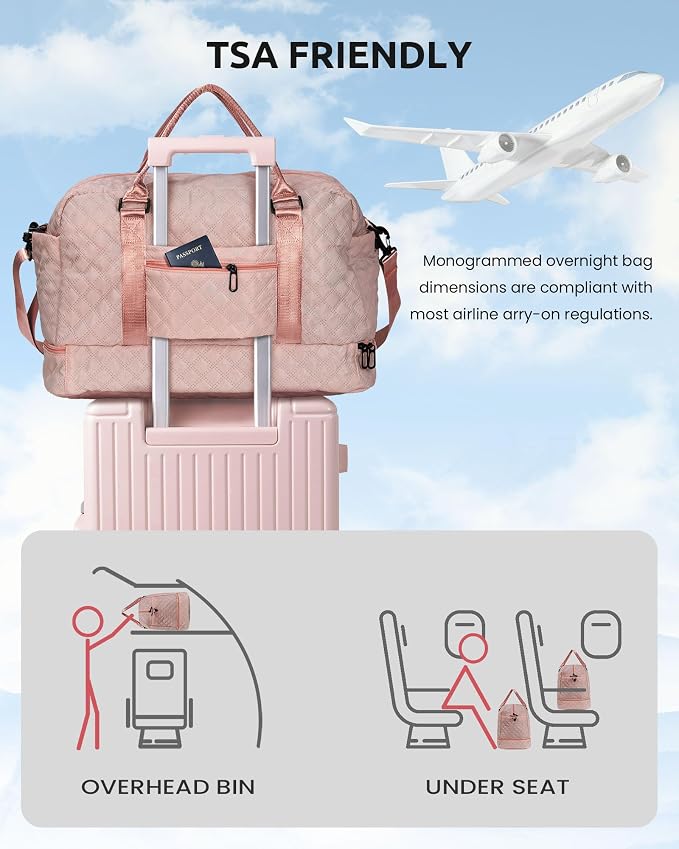 Retirement Gifts-Initial Duffle Bag with Shoe Compartment, Personalized Weekender Bag, Overnight Bag, Letter Travel Bag with Makeup Bag，Birthday Gift Graduate Gifts for Her (Letter T), Pink - Image 4
