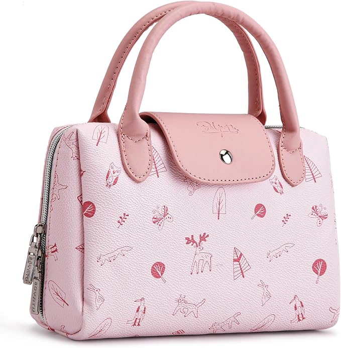 BOYATU Travel Makeup Bag Organizer with Handle: Forest Animal Cosmetic Bag Holds 10+ 100ml Full-Size Bottles for Dates & Trips - Waterproof Leather Toiletry Pouch 3-sec Touch-up for Chic Woman(Pink) by BOYATU