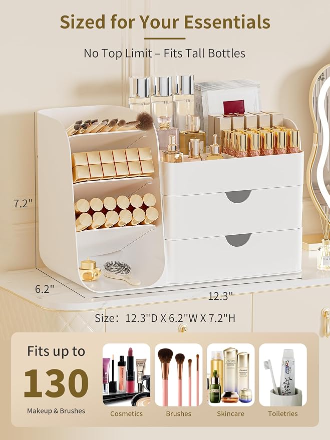 Booklov Small Makeup Organizer for Vanity and Bathroom Countertop, White | Plastic Cosmetic Display Case with Drawers, Beauty Brush Holder for Dresser Counter, Storage Skin Care Eyeshadow Lipstick - Image 2