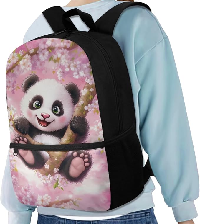 Cherry Blossom Panda Backpack for Girls Kids Backpack with Lunch Box Water Bottle Holder and Big Pencil Case 4PCS Set Bookbag with Front Pocket for School 17" Lightweight Elementary School Bag - Image 2