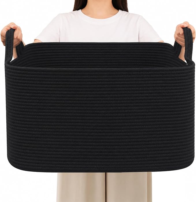 96L Extra Large Black Cotton Rope Laundry Basket with Sturdy Handle | 24x16x15 Foldable Rectangular Blanket Basket for Toys, Clothes & Pillows,Ideal for Nursery, Bathroom, Bedroom, Living Room by HZFTJOY