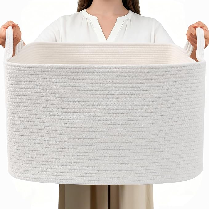 96L XXXLarge Woven Laundry Basket with Sturdy Handles - White | 24x16x15 Foldable Rectangular Blanket Basket for Toys, Clothes & Pillows,Ideal for Nursery, Bathroom, Bedroom, Living Room by HZFTJOY
