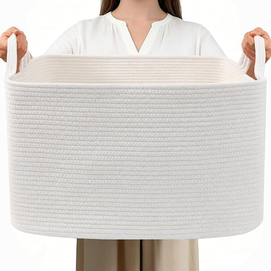 65L Collapsible Woven Rope Laundry Basket with Handles, White | 21x16x12 Foldable Rectangular Blanket Basket for Toys, Clothes & Pillows,Ideal for Nursery, Bathroom, Bedroom, Living Room by HZFTJOY