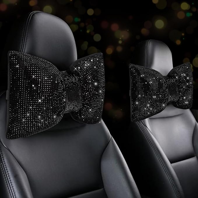 4 PCS Bling Car Pillows,Rhinestones Bowknot Car Headrest Pillow,Black | Car Neck Pillow for Driver Relax Neck Support,Sleeping Travel Support Neck Pillow,Diamond Interior Accessories for Women by ChuLian
