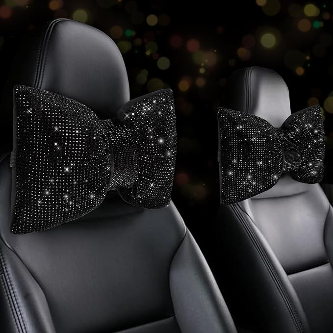 4 PCS Bling Car Pillows,Rhinestones Bowknot Car Headrest Pillow,Black | Car Neck Pillow for Driver Relax Neck Support,Sleeping Travel Support Neck Pillow,Diamond Interior Accessories for Women by ChuLian