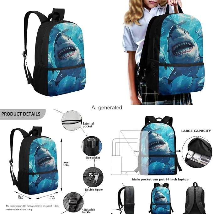 Shark Backpack for Boys Kids Backpack with Lunch Box Water Bottle Carrier and Large Pencil Case 4PCS Set Bookbag with Front Pocket for School Teens 17 inch Sturdy School Bag for Girls - Image 3