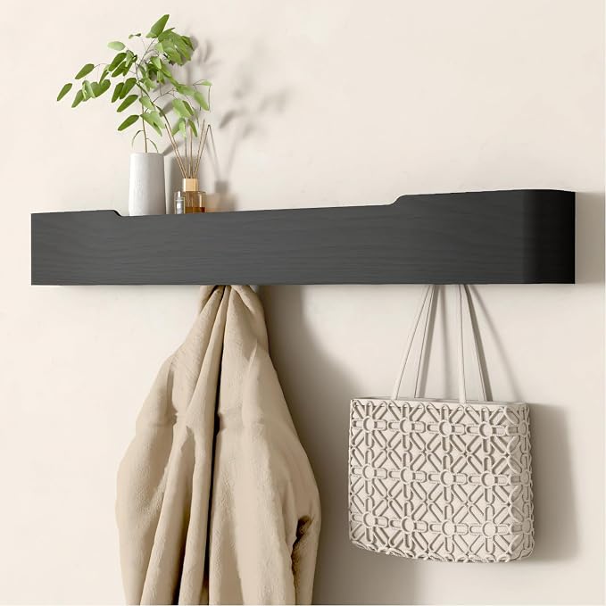 Wall Mounted Coat Rack with Shelf, Wooden Entryway Organizer with Hidden Metal Hooks for Hanging Coats Bags Keys, Modern Floating Shelf for Hallway Bathroom by VERASCOT