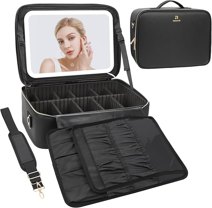 Chomeiu Makeup Bag with LED Mirror, Large Train Case for Makeup Artists, 16.2 inches Travel Professional Cosmetic Organizer with Light Up Mirror, 3 Color Lights, Adjustable Dividers & Shoulder Strap by Chomeiu