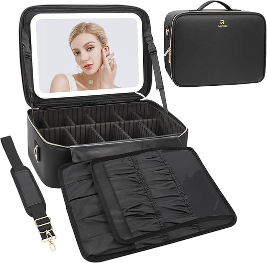 Chomeiu Makeup Bag with LED Mirror, Large Train Case for Makeup Artists, 16.2 inches Travel Professional Cosmetic Organizer with Light Up Mirror, 3 Color Lights, Adjustable Dividers & Shoulder Strap by Chomeiu
