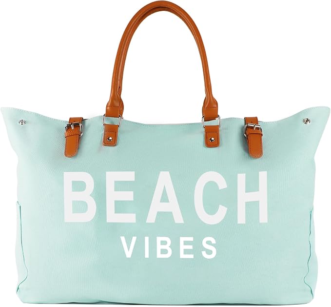 Lamyba Beach Bag with Vegan Leather Handle, Extra Large Beach Bag for Women Waterproof Sandproof, White | with Vegan Leather Handle by Lamyba