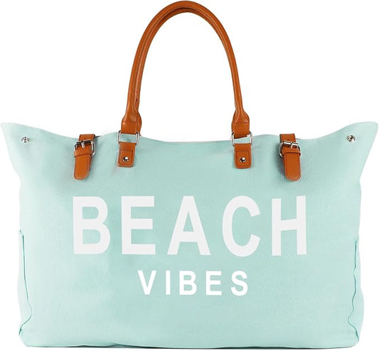 Lamyba Beach Bag with Vegan Leather Handle, Extra Large Beach Bag for Women Waterproof Sandproof, White | with Vegan Leather Handle by Lamyba