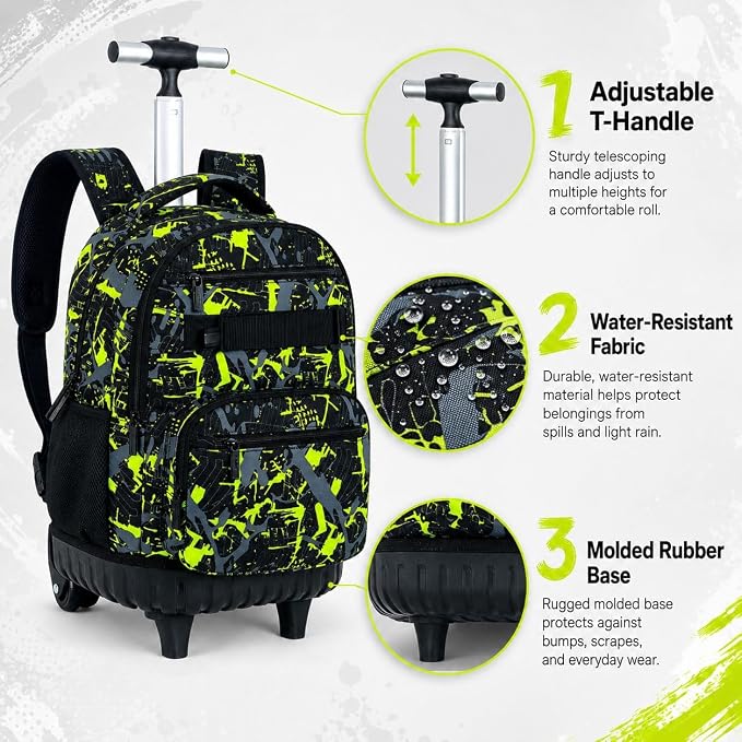3Pcs Rolling Backpack for Boys, Men Roller Bag with Wheels for Adults, 19 Inche Graffiti Wheeled Bookbag with Lunch Box(Green) - Image 6
