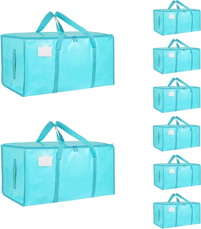 8 Pack-Extra Large Heavy Duty Moving Bags - Waterproof Storage Totes with Handles & Zippers, Foldable for College Dorm, Storage (lake blue) by Unknown