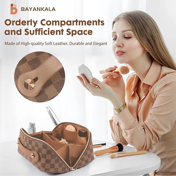 Leather Travel Makeup Bag, Large Capacity Cosmetic Bag for Women, Waterproof Portable Pouch with Divider, Toiletry Organizer with Handle, 10.5x5x5 Inches, Deep Brown - Image 2