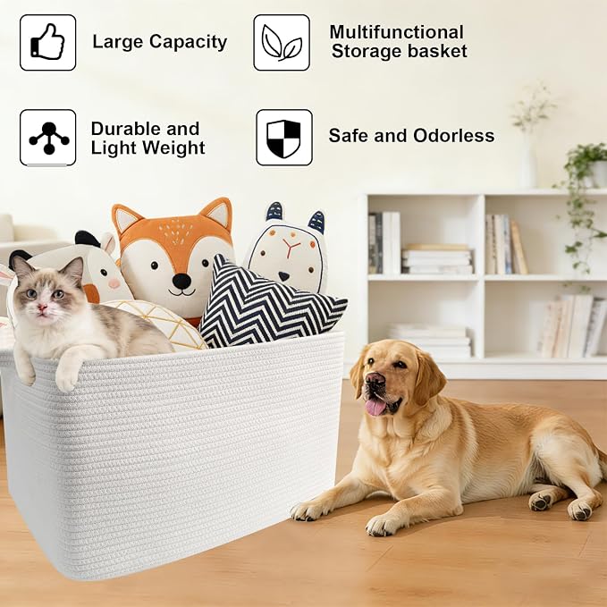 96L XXXLarge Woven Laundry Basket with Sturdy Handles - White | 24x16x15 Foldable Rectangular Blanket Basket for Toys, Clothes & Pillows,Ideal for Nursery, Bathroom, Bedroom, Living Room - Image 7