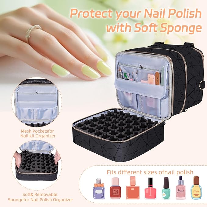 Nail Polish Organizer Case,3 Layer Nail Polish Organizer Bag Holds 84 Bottles (15ml/0.5 fl.oz) Nail Supplies Organizer,Nail Bag PU Leather Nail Carrying Nail Kit Supplies Organizer Case (Black) - Image 3