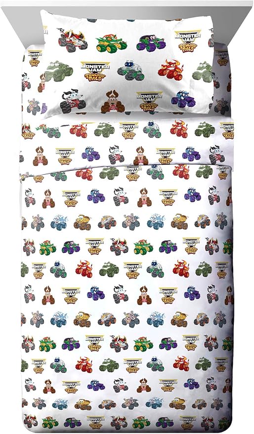 Jay Franco Kids Sheet Set with Fitted, Flat Sheets & Pillow Cover - Ultra-Soft Bedding with Pillowcase for Room Decor, White - Monster Jam, 3 Piece Toddler by JayFranco