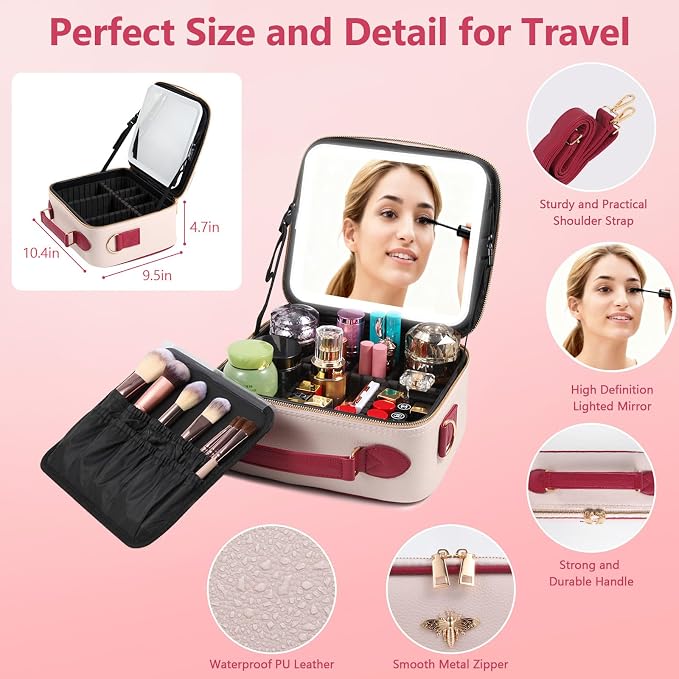 Travel Makeup Bag with Light Up Mirror, Portable Makeup Bag with Led Light Women Waterproof Makeup Travel Case adjustable dividers Rechargeable Vanity Mirror with 3 Color Lights (Pink) - Image 4