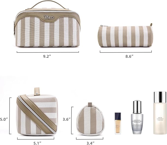 BOYATU Travel Makeup Bag Cosmetic Bag for Women: 3 Pcs Set Striped Make up Bag with Compartment - Waterproof Vegan Leather Toiletry Bag with Handle - Makeup Organizer for Travel Essential(A-6-Apricot) - Image 9