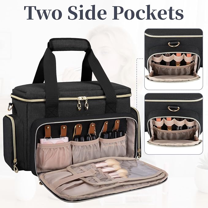 GDNasist Large Makeup Bag, Portable Travel Makeup Bag Organizer for Women Girls with 2 Removable Pouches & Detachable Dividers, Cosmetic Travel Bag, Toiletry Bag for Makeup and Hair Supplies Black - Image 9