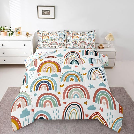 Erosebridal Rainbow Comforter Set for Girls, Cartoon Rainbow Bedding Set Full Size for Kids Boys Women Bedroom Decor, Love Heart Stars Duvet Insert Hand Drawn Iridescent Down Comforter, Colorful by Erosebridal