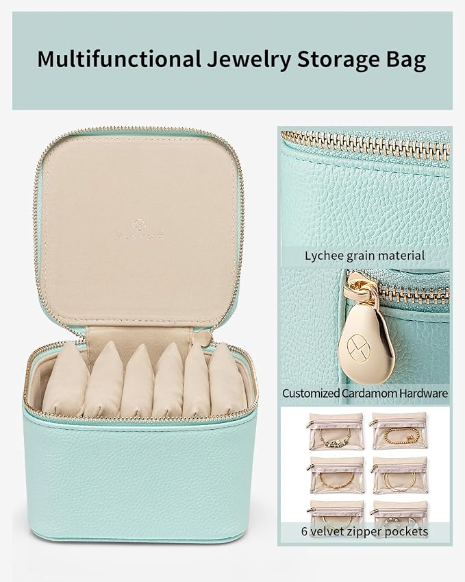 VLANDO Travel Jewelry Box for Women Faux Leather Jewelry Box with 6 Velvet Jewelry Zipper Pockets Earrings Necklace Rings Storage Boxes Christmas Gift for Mom Wife(Lake Blue) - Image 4