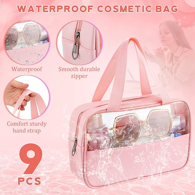 Buryeah 9 Pcs Translucent Make up Bag Toiletry Organizer for Women Men Waterproof Portable Cosmetic Travel Bag with Hanging Handles Travel Storage Carry Pouch Gifts for Bridesmaid (Pink) - Image 5