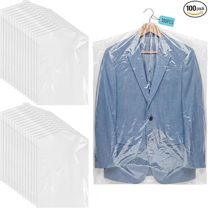 100 Pack Dry Cleaning Garment Bags, 23.6 x 35.4 Inch Plastic Dry Cleaners Bags for Hanging Clothes Dust Protection Clear Clothes Covers for Travel Moving, Home Storage (Hanger Not Included) by Unknown