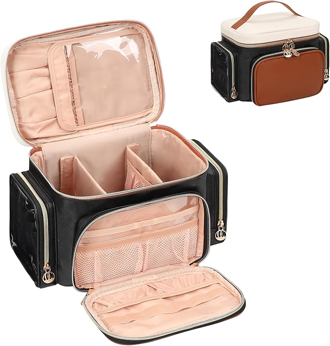 Bagmoly Large Makeup Bag, Portable Travel Makeup Bag Organizer for Women Girls with Makeup Brush Compartment & Two Side Pockets, Cosmetic Travel Bag Vertical Storage Toiletry Bag- Brown by OrganizeYourMakeup