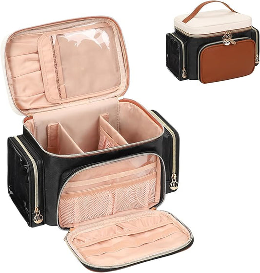 Bagmoly Large Makeup Bag, Portable Travel Makeup Bag Organizer for Women Girls with Makeup Brush Compartment & Two Side Pockets, Cosmetic Travel Bag Vertical Storage Toiletry Bag- Brown by OrganizeYourMakeup