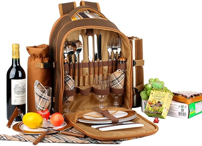 Apollo Walker Picnic Backpack Bag for 4 Person with Cooler Compartment,Wine Bag, Picnic Blanket(45"x53"),Best for Family and Lovers Gifts (Brown) - Image 2