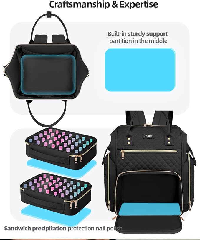 Large Nail Polish Organizer Bag Backpack Holds 70+ Bottles(15ml/0.5 fl.oz) UV Nail Lamp,Nail Organizers and Storage with 2 Removable Pouches Fits Nail Tool,Gift for Manicurist，Black - Image 5