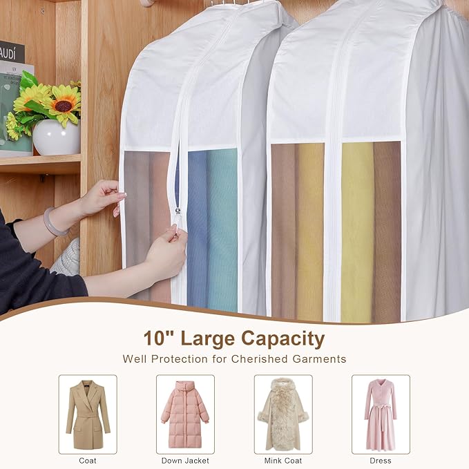 50" Premium Cotton Garment Bag for Hanging Clothes, Breathable Suit Bags for Closet Storage with Extre Large 10" Gusseted & Clear Window, Dust Cover with Zipper for Suits, Coats, 3 Pack - Image 5