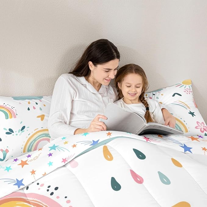 Cartoon Rainbow Comforter Set Twin, Iridescent Girly Quilt For Kids Boys Girls Women Bedroom Decor, Kawaii Flower Duvet Insert Love Heart Floral Bedding Set Rainbow Cloud Down Comforter,Colorful - Image 5