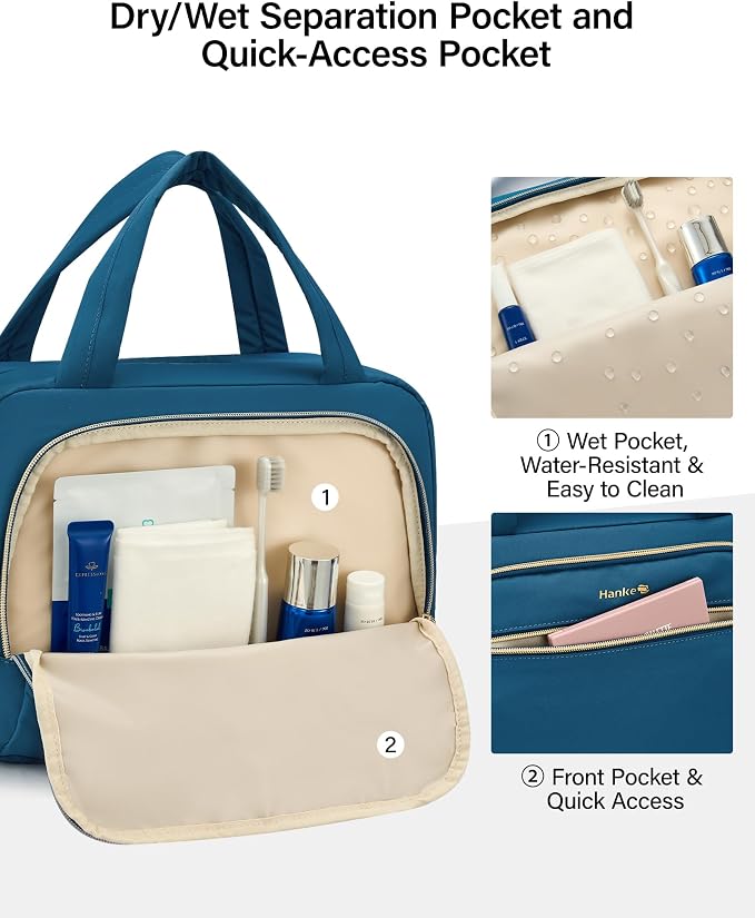 Hanke Hanging Travel Toiletry Bag for Women, Water-Resistant Makeup Organizer with Hook, Cosmetic Bag for Bathroom & Travel Essentials Accessories, Navy Blue - Image 3