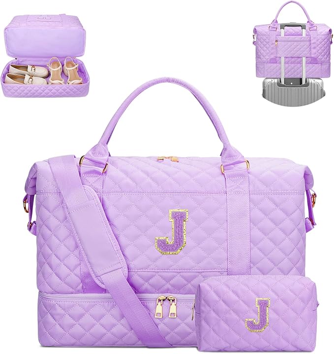 Teen Girls Trendy Stuff Initial Travel Duffle Bag Quilted Weekender Bags Carry-On Overnight with Cosmetic Bag, Gym Bag with Shoe Compartment Hospital Bag for Women Labor Delivery, Purple-J by Unknown